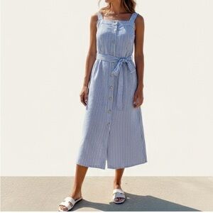 Liz Claiborne Blue White Striped Button Front Belted Long Linen Blend Dress XL